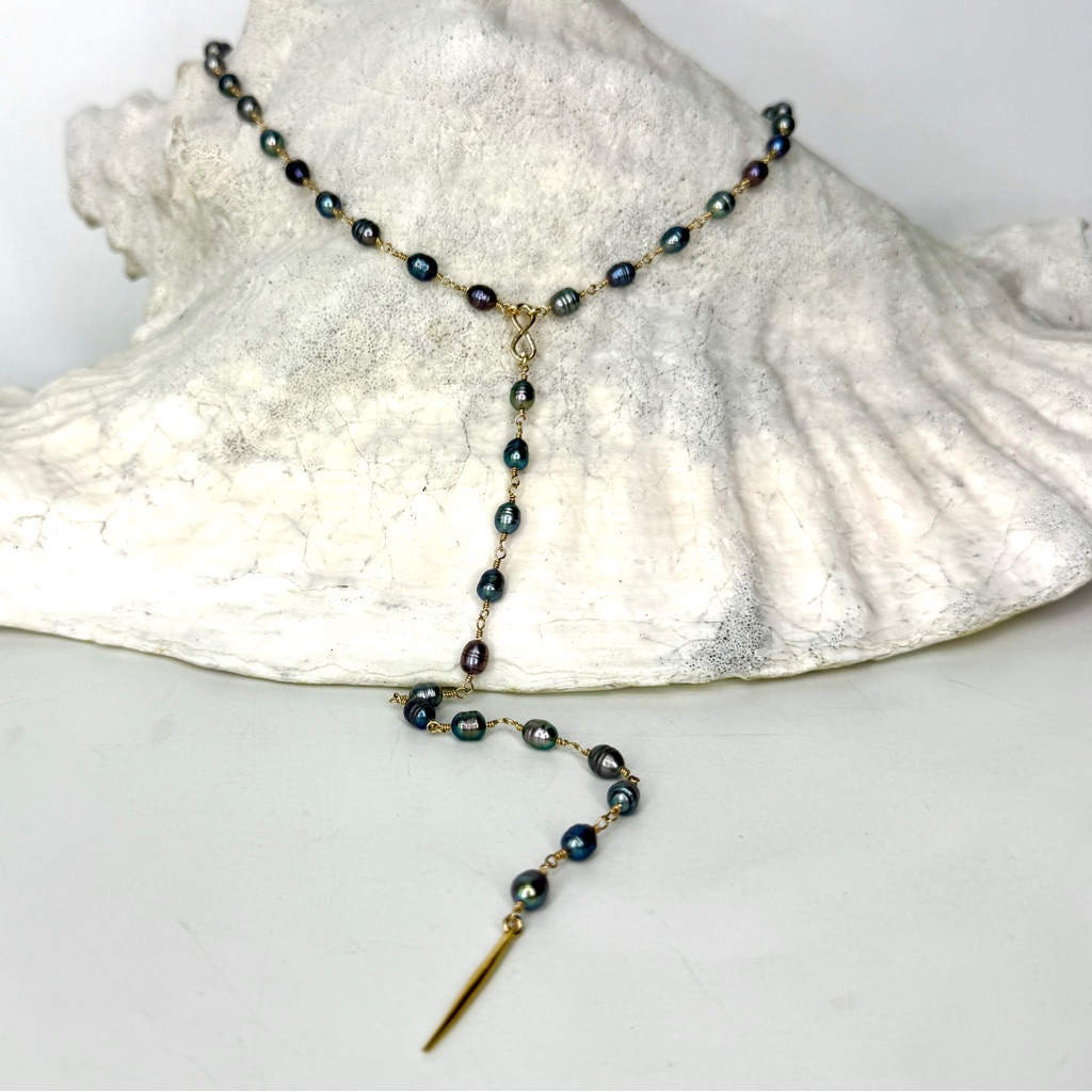 Blue Gray Freshwater Pearl Infinity Y Necklace, 14k Gold Filled Wire Wrapped